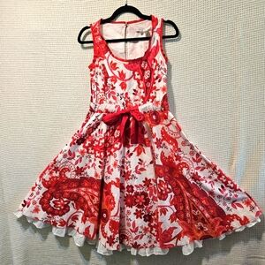 Zara Sz Small Red and White Flare Floral Midi Dress